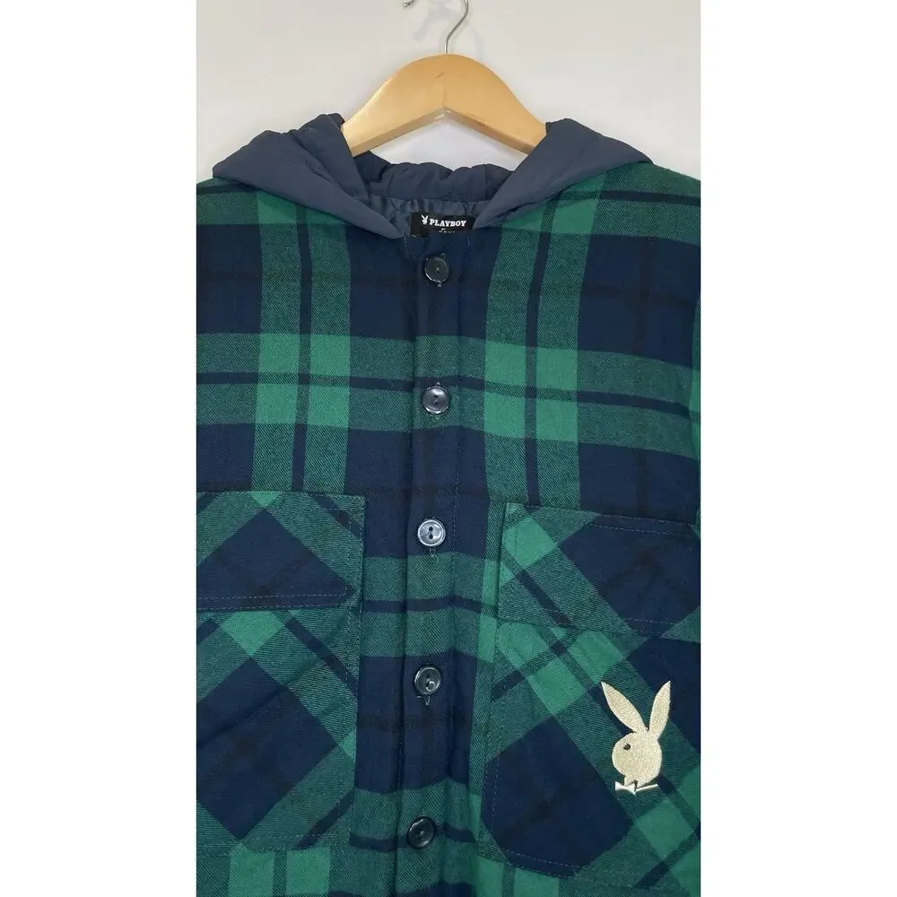 NWT Playboy x Pacsun Mens Plaid Jacket Hoodie Coat Logo Quilted Blue Green XS/S - Picture 6 of 10